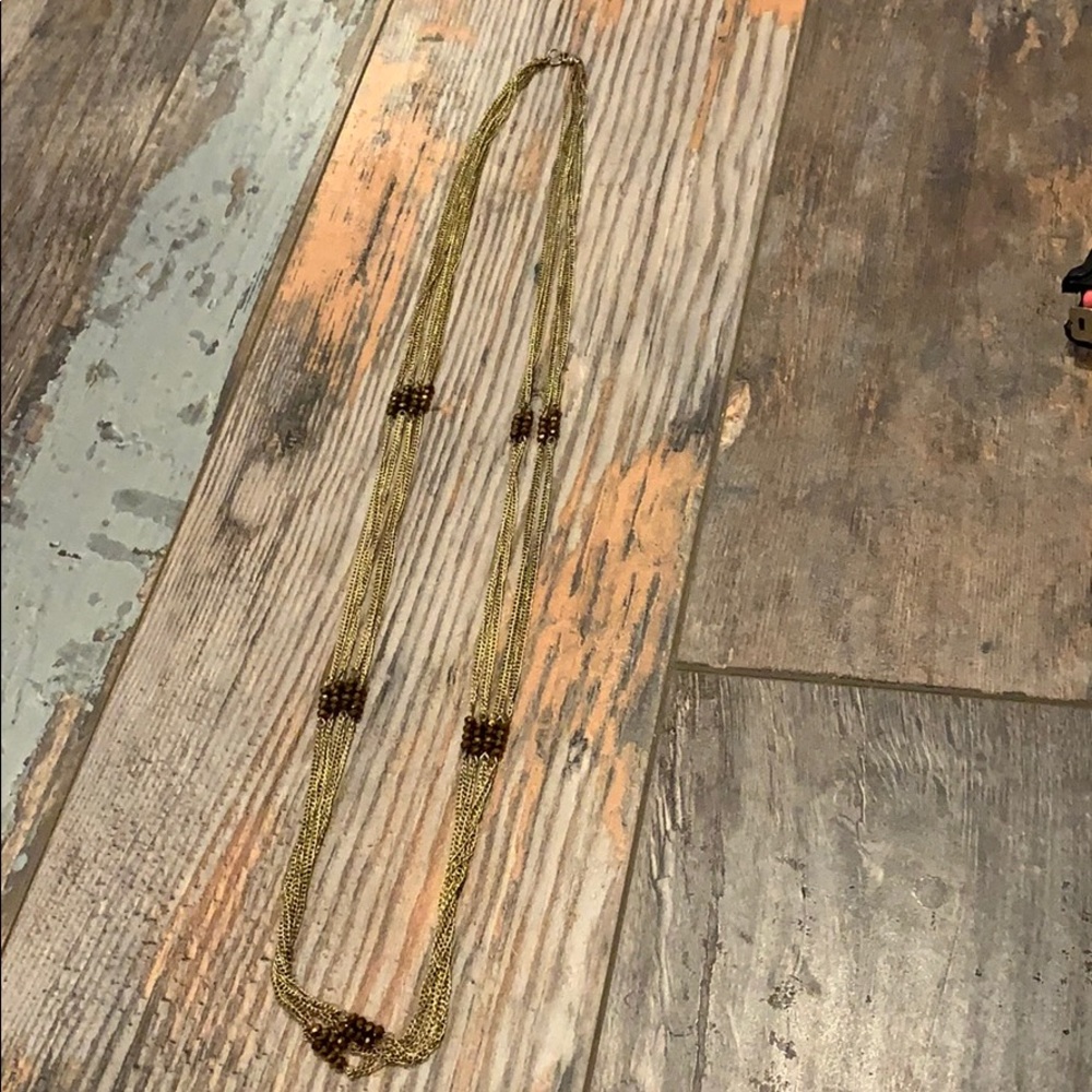 Long, layered gold chain & copper beaded necklace